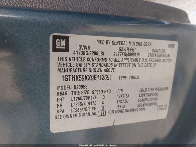 2009 Gmc Sierra 2500hd Sle მანქანა იყიდება აუქციონზე, vin: 1GTHK59KX9E112691, აუქციონის ნომერი: 45192493