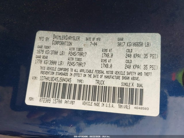45192496 :رقم المزاد ، 1D7HA18D45J504345 vin ، 2005 Dodge Ram 1500 Slt/laramie مزاد بيع