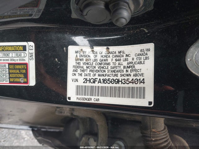 Aukcja sprzedaży 2009 Honda Civic Lx, vin: 2HGFA16509H354014, numer aukcji: 45192507