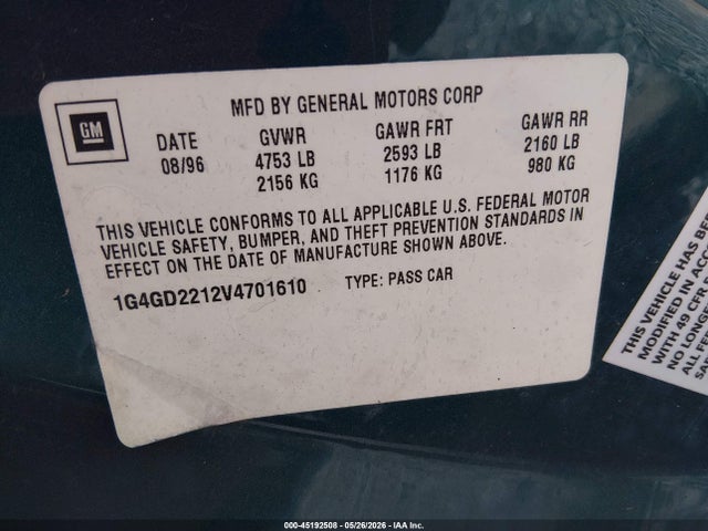 1997 Buick Riviera მანქანა იყიდება აუქციონზე, vin: 1G4GD2212V4701610, აუქციონის ნომერი: 45192508