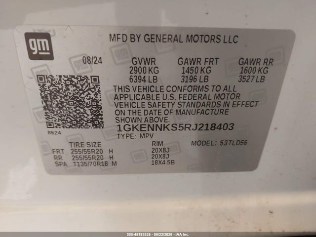 2024 Gmc Acadia Awd Elevation მანქანა იყიდება აუქციონზე, vin: 1GKENNKS5RJ218403, აუქციონის ნომერი: 45192526