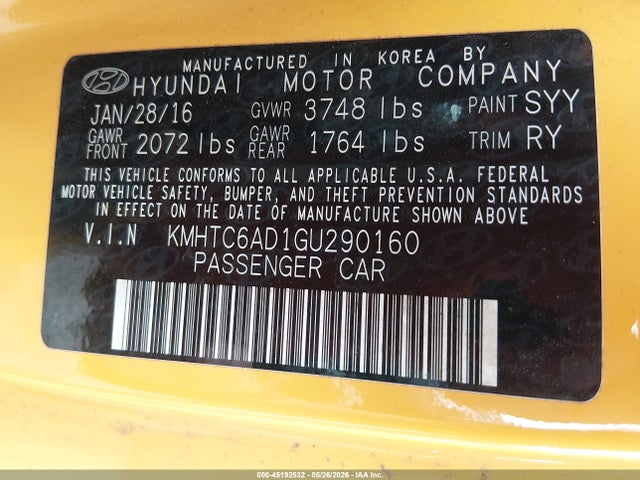 45192532 :رقم المزاد ، KMHTC6AD1GU290160 vin ، 2016 Hyundai Veloster مزاد بيع