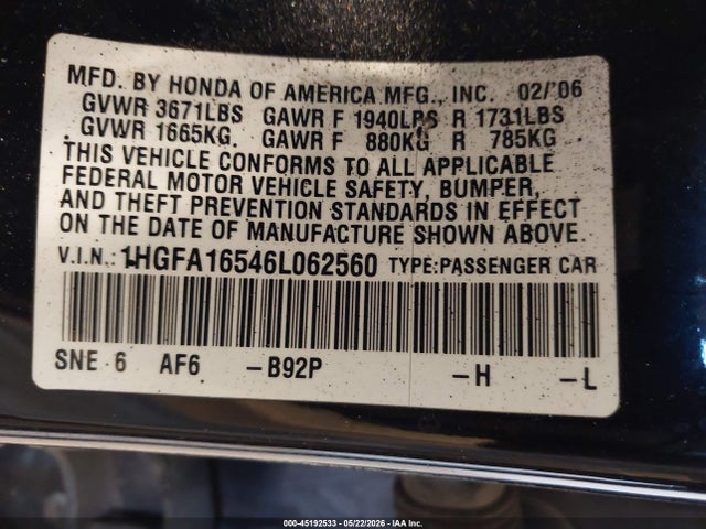 45192533 :رقم المزاد ، 1HGFA16546L062560 vin ، 2006 Honda Civic Lx مزاد بيع