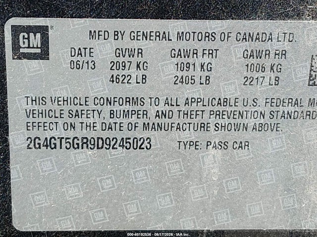 2013 Buick Regal Premium 2 მანქანა იყიდება აუქციონზე, vin: 2G4GT5GR9D9245023, აუქციონის ნომერი: 45192536