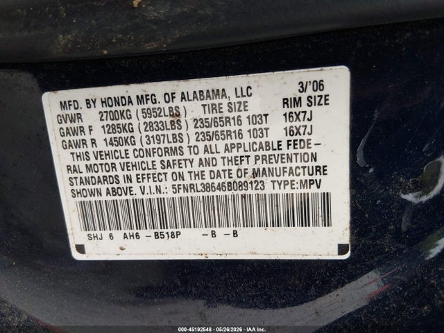 2006 Honda Odyssey Ex-l მანქანა იყიდება აუქციონზე, vin: 5FNRL38646B089123, აუქციონის ნომერი: 45192548