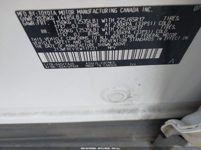 2014 Toyota Rav4 Xle მანქანა იყიდება აუქციონზე, vin: 2T3WFREV1EW117221, აუქციონის ნომერი: 45192556