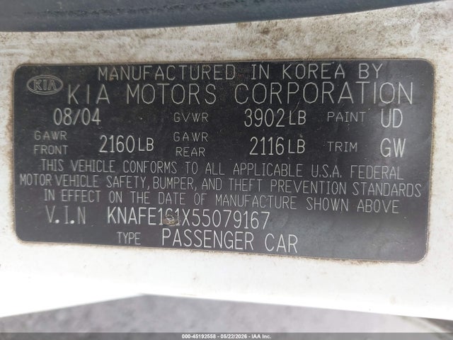 Aukcja sprzedaży 2005 Kia Spectra5, vin: KNAFE161X55079167, numer aukcji: 45192558