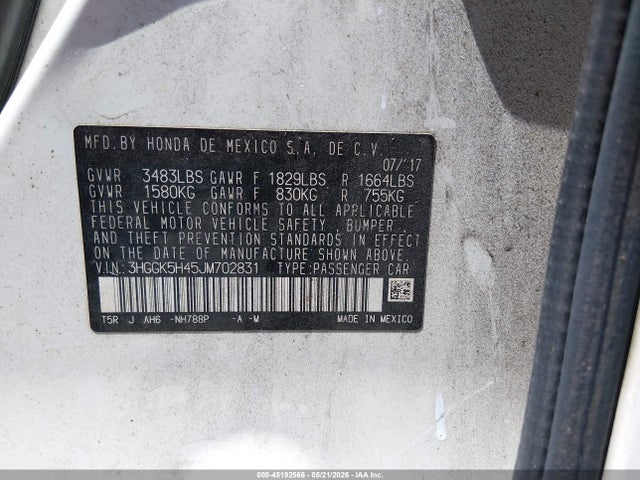 45192566 :رقم المزاد ، 3HGGK5H45JM702831 vin ، 2018 Honda Fit Lx مزاد بيع