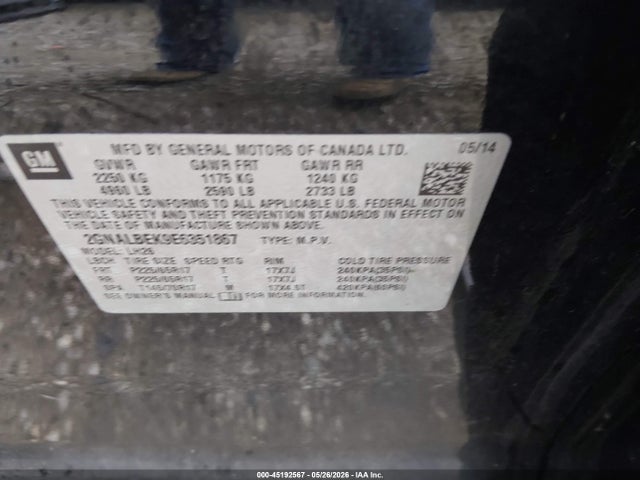 45192567 :رقم المزاد ، 2GNALBEK9E6351867 vin ، 2014 Chevrolet Equinox 1lt مزاد بيع