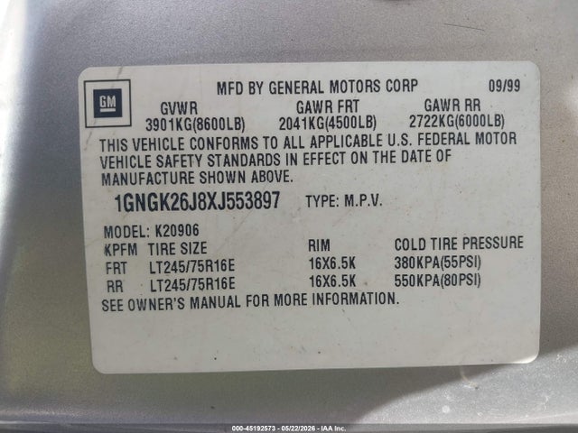Aukcja sprzedaży 1999 Chevrolet Suburban 2500, vin: 1GNGK26J8XJ553897, numer aukcji: 45192573