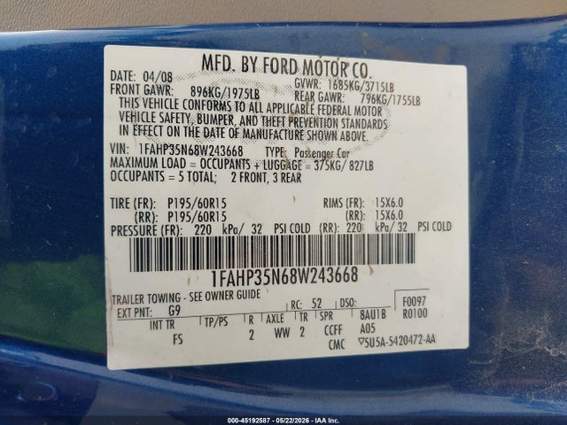 Aukcja sprzedaży 2008 Ford Focus Se/ses, vin: 1FAHP35N68W243668, numer aukcji: 45192587