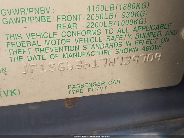 45192588 :رقم المزاد ، JF1SG63617H739709 vin ، 2007 Subaru Forester 2.5x مزاد بيع
