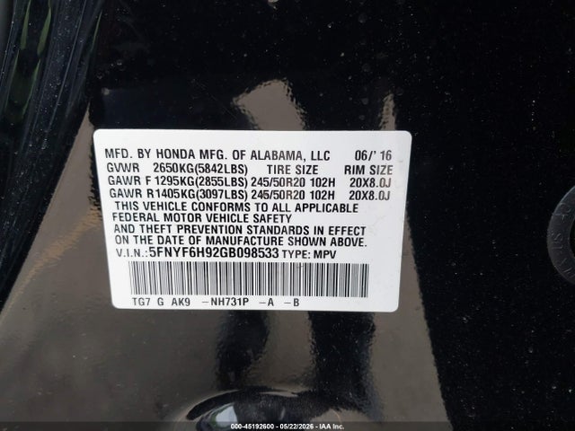 45192600 :رقم المزاد ، 5FNYF6H92GB098533 vin ، 2016 Honda Pilot Touring مزاد بيع