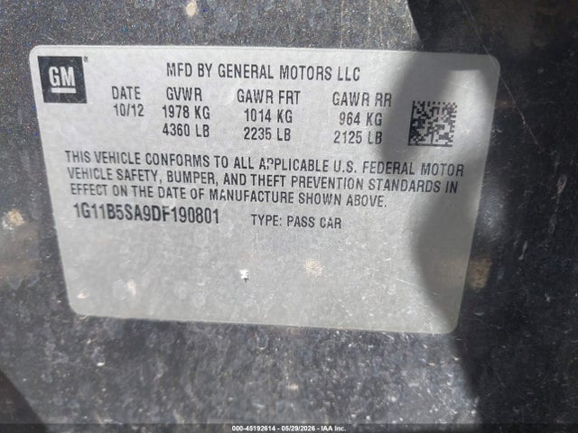 45192614 :رقم المزاد ، 1G11B5SA9DF190801 vin ، 2013 Chevrolet Malibu 1ls مزاد بيع