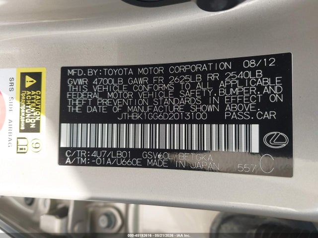 Aukcja sprzedaży 2013 Lexus Es 350, vin: JTHBK1GG6D2013100, numer aukcji: 45192616