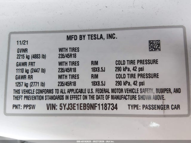 2022 Tesla Model 3 Long Range Dual Motor All-wheel Drive მანქანა იყიდება აუქციონზე, vin: 5YJ3E1EB9NF118734, აუქციონის ნომერი: 45192620
