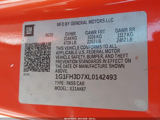 2020 Chevrolet Camaro Rwd  2ss მანქანა იყიდება აუქციონზე, vin: 1G1FH3D7XL0142493, აუქციონის ნომერი: 45192622