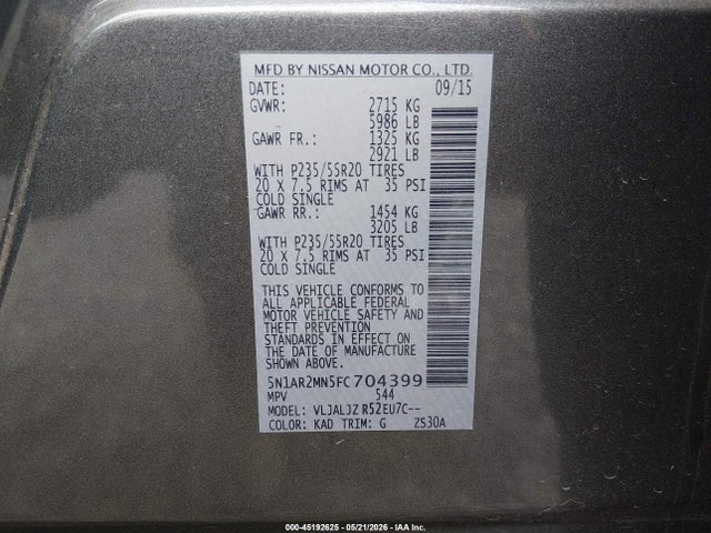 45192625 :رقم المزاد ، 5N1AR2MN5FC704399 vin ، 2015 Nissan Pathfinder Platinum مزاد بيع