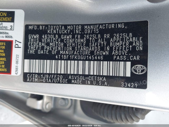 45192629 :رقم المزاد ، 4T1BF1FK0GU145446 vin ، 2016 Toyota Camry Se مزاد بيع