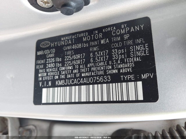 Продажа на аукционе авто 2010 Hyundai Tucson Gls, vin: KM8JUCAC4AU075633, номер лота: 45192631