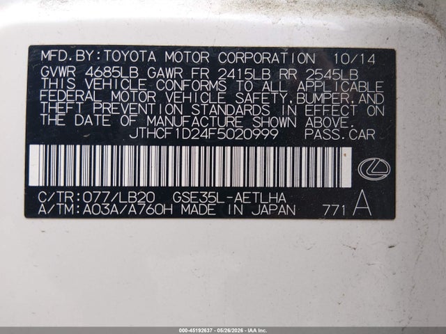 Aukcja sprzedaży 2015 Lexus Is 250, vin: JTHCF1D24F5020999, numer aukcji: 45192637