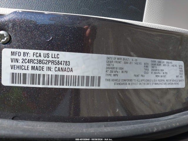 Продаж на аукціоні авто 2023 Chrysler Pacifica Touring L Awd, vin: 2C4RC3BG2PR584783, номер лоту: 45192648