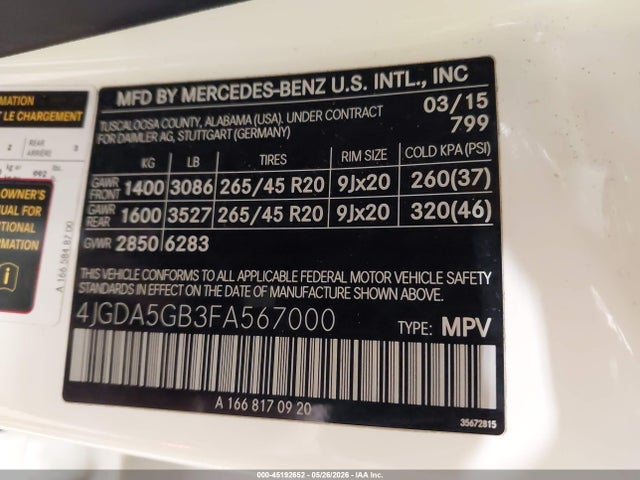 Auction sale of the 2015 Mercedes-benz Ml 400 4matic, vin: 4JGDA5GB3FA567000, lot number: 45192652