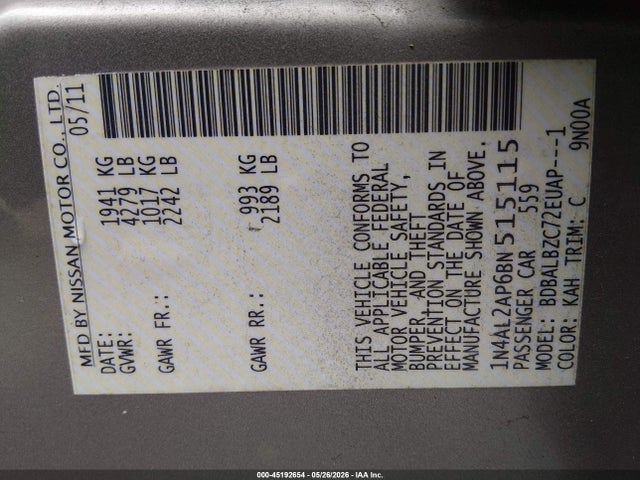 45192654 :رقم المزاد ، 1N4AL2AP6BN515115 vin ، 2011 Nissan Altima 2.5 S مزاد بيع