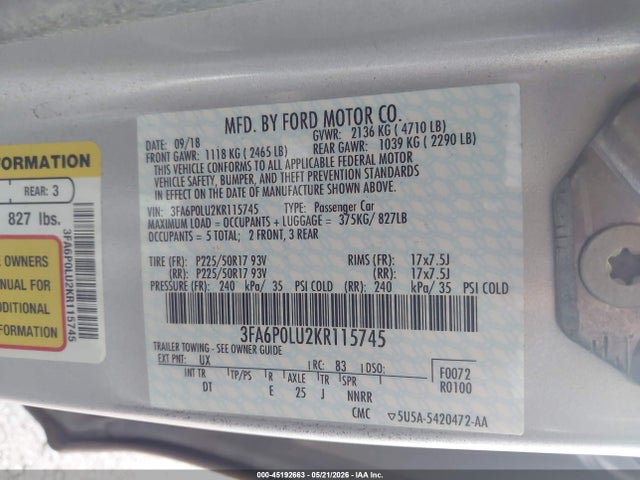 3FA6P0LU2KR115745 Ford Fusion Hybrid Se
