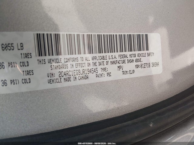 45192680 :رقم المزاد ، 2C4RC1EG9JR194545 vin ، 2018 Chrysler Pacifica Touring L Plus مزاد بيع