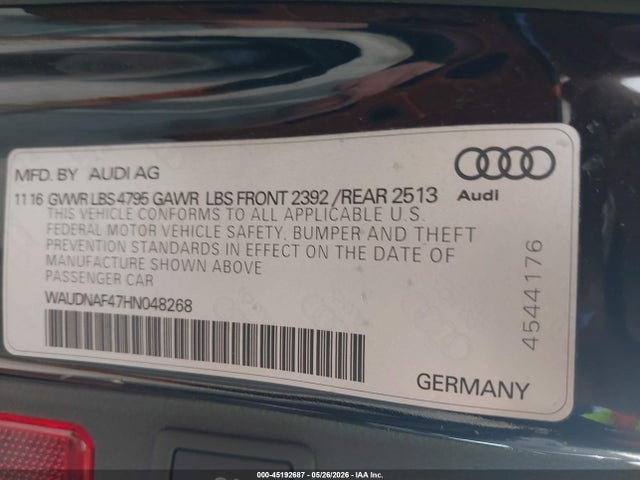 2017 Audi A4 2.0t Season Of Audi Premium მანქანა იყიდება აუქციონზე, vin: WAUDNAF47HN048268, აუქციონის ნომერი: 45192687