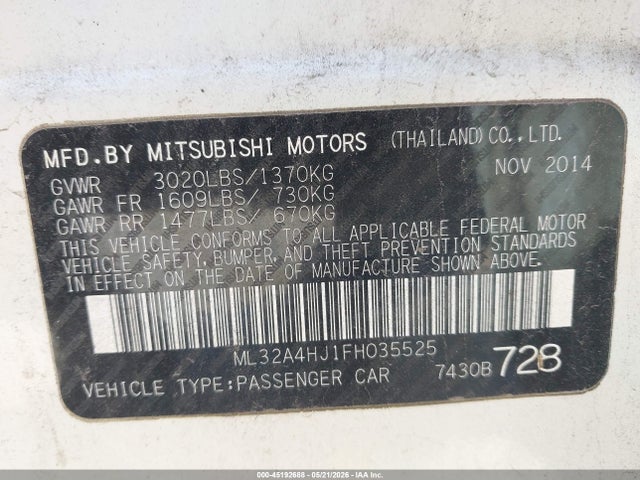 Auction sale of the 2015 Mitsubishi Mirage Es, vin: ML32A4HJ1FH035525, lot number: 45192688