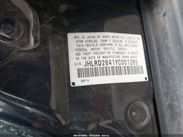 2000 Honda Cr-v Lx მანქანა იყიდება აუქციონზე, vin: JHLRD2841YC001265, აუქციონის ნომერი: 45192692