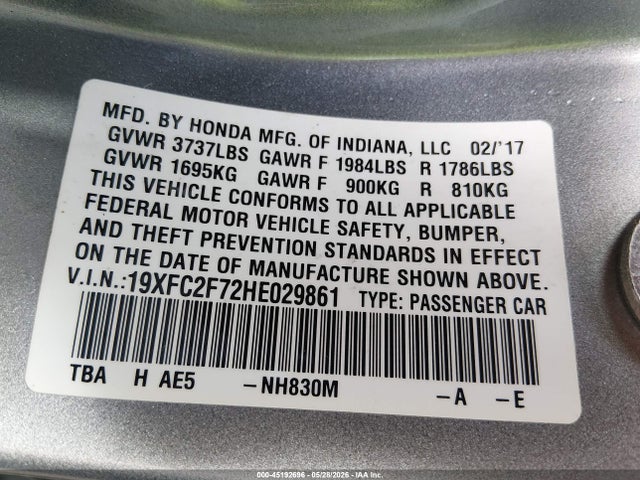 Aukcja sprzedaży 2017 Honda Civic Ex, vin: 19XFC2F72HE029861, numer aukcji: 45192696