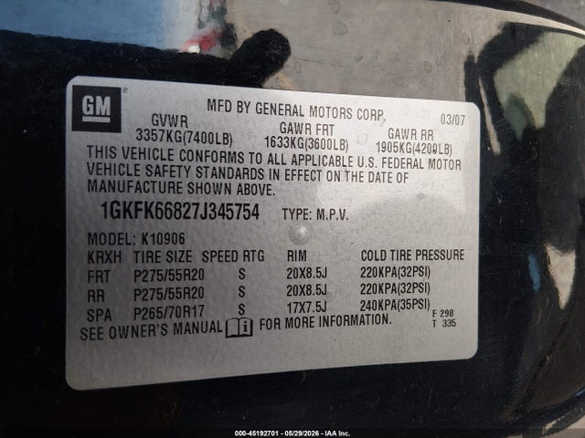2007 Gmc Yukon Xl 1500 Denali მანქანა იყიდება აუქციონზე, vin: 1GKFK66827J345754, აუქციონის ნომერი: 45192701