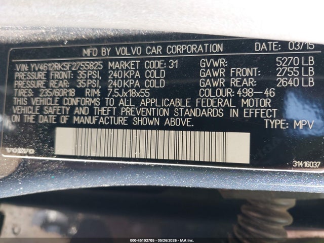 45192705 :رقم المزاد ، YV4612RK5F2755825 vin ، 2015 Volvo Xc60 T5/t5 Premier مزاد بيع