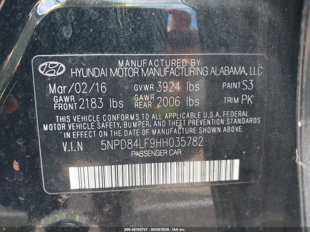 5NPD84LF9HH035782 Hyundai ELANTRA SE