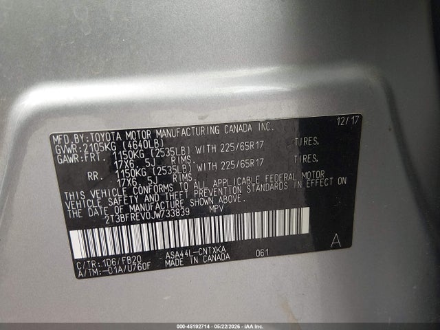 45192714 :رقم المزاد ، 2T3BFREV0JW733839 vin ، 2018 Toyota Rav4 Le مزاد بيع