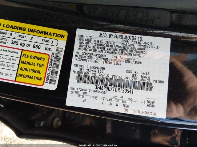 2013 Ford Fusion S მანქანა იყიდება აუქციონზე, vin: 3FA6P0G71DR120541, აუქციონის ნომერი: 45192719