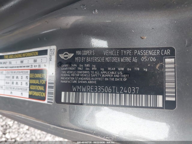 Aukcja sprzedaży 2006 Mini Cooper S, vin: WMWRE33506TL24037, numer aukcji: 45192725