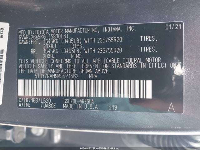 Aukcja sprzedaży 2021 Toyota Highlander Limited, vin: 5TDYZRAH9MS521562, numer aukcji: 45192727