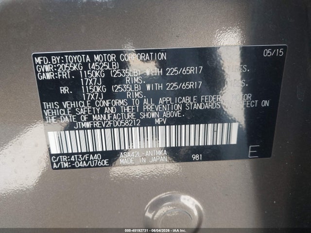 Toyota Rav4 Xle 2015 JTMWFREV2FD058212 Image 9