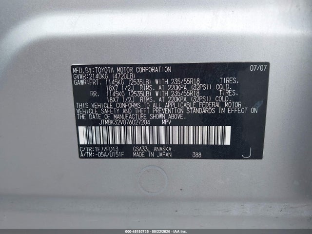 Aukcja sprzedaży 2007 Toyota Rav4 Sport V6, vin: JTMBK32V076027204, numer aukcji: 45192735