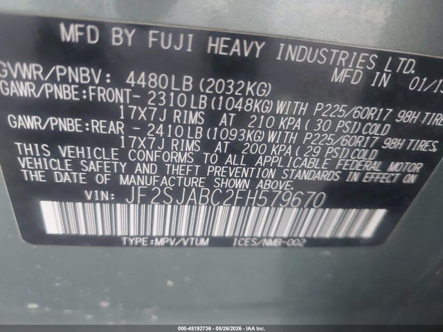 Subaru Forester 2.5i 2015 JF2SJABC2FH579670 Image 9