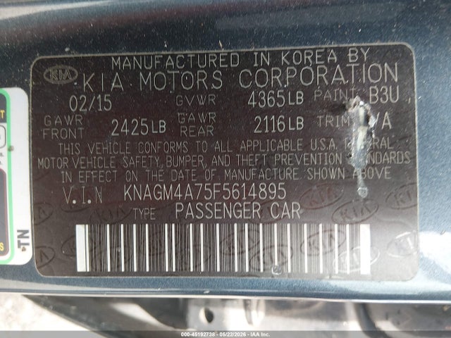 Aukcja sprzedaży 2015 Kia Optima Lx, vin: KNAGM4A75F5614895, numer aukcji: 45192738