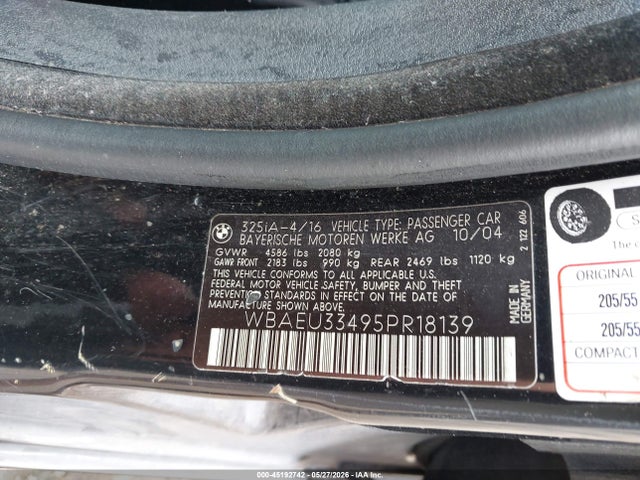 2005 Bmw 325xi მანქანა იყიდება აუქციონზე, vin: WBAEU33495PR18139, აუქციონის ნომერი: 45192742