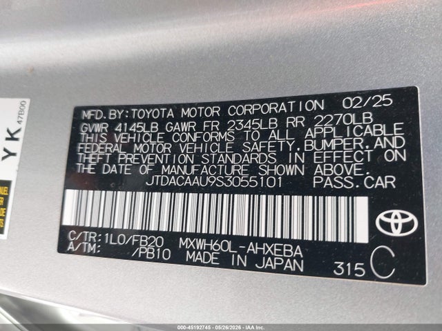 45192745 :رقم المزاد ، JTDACAAU9S3055101 vin ، 2025 Toyota Prius Le مزاد بيع
