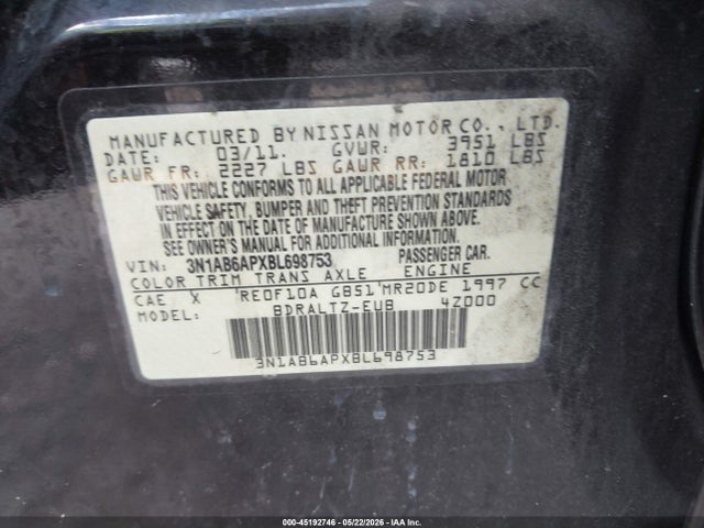Продаж на аукціоні авто 2011 Nissan Sentra 2.0s, vin: 3N1AB6APXBL698753, номер лоту: 45192746