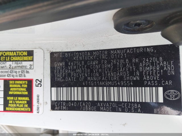 Продажа на аукционе авто 2021 Toyota Camry Se, vin: 4T1G11AK8MU549554, номер лота: 45192758
