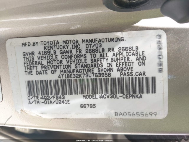 45192761 :رقم المزاد ، 4T1BE32K73U763958 vin ، 2003 Toyota Camry Le مزاد بيع